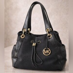 Michael Kors Vintage Black Canvas Leather Drawstring Shoulder Bag Gold MK Charm